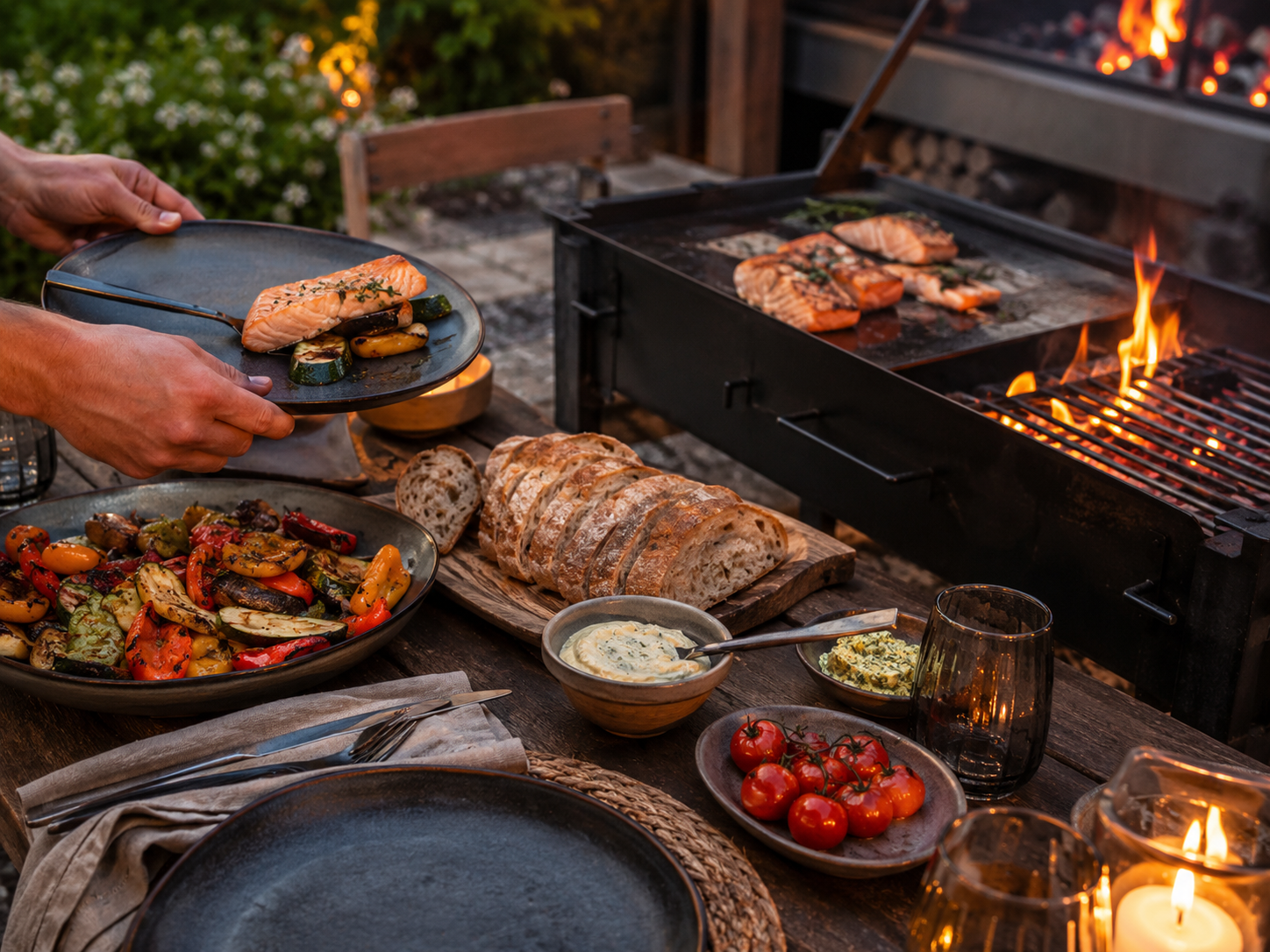 Gemeinsames Premium-Barbecue mit frischen Zutaten