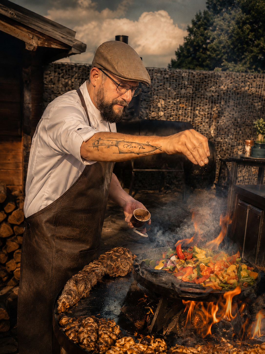 Swen Maaß würzt Gemüse und Fleisch beim Live-BBQ am offenen Feuer